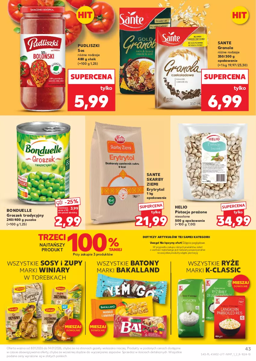 Gazetka promocyjna Kaufland - Gazetka tygodnia - ważna 08.01 do 14.01.2026 - strona 43 - produkty: Bakalland, Baton, Bonduelle, Gra, Granola, Groszek, Helio, Pistacje, Por, Pudliszki, Ryż, Sante, Sos, Torebka, Waga, Winiary