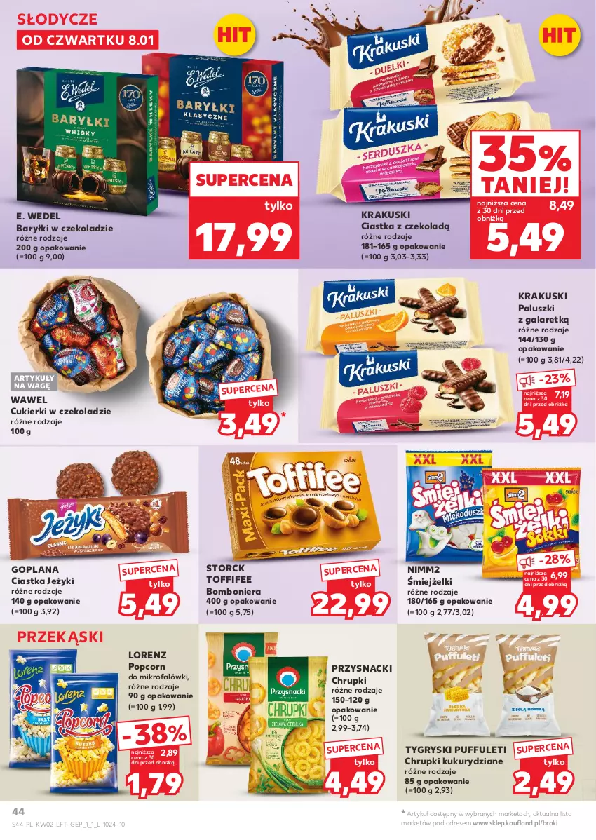 Gazetka promocyjna Kaufland - Gazetka tygodnia - ważna 08.01 do 14.01.2026 - strona 44 - produkty: Baryłki, Bomboniera, Chrupki, Ciastka, Cukier, Cukierki, Dres, E. Wedel, Fa, Gala, Goplana, Gry, Jeżyki, Krakus, Krakuski, LANA, Lorenz, Nimm2, Popcorn, Przysnacki, Puf, Toffifee, Wawel