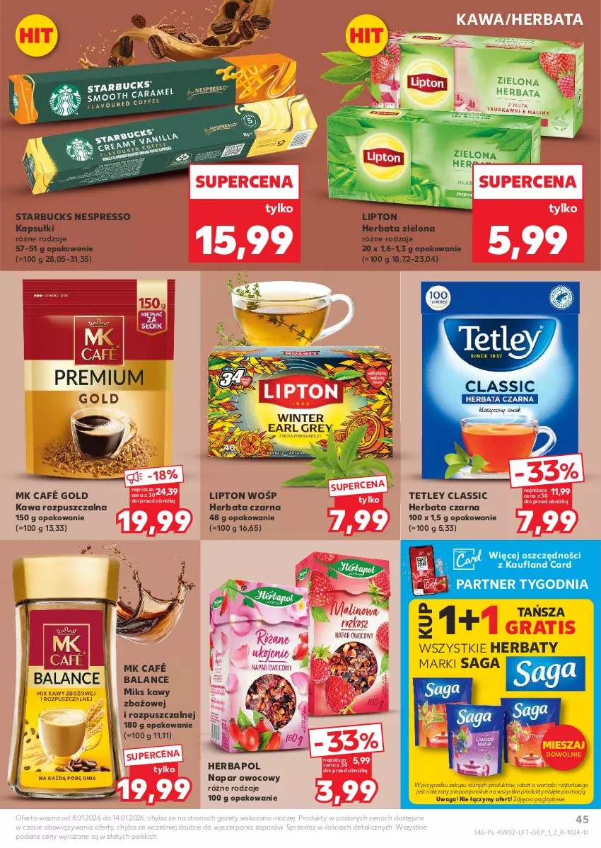 Gazetka promocyjna Kaufland - Gazetka tygodnia - ważna 08.01 do 14.01.2026 - strona 45 - produkty: Gra, Herbapol, Herbata, Herbata czarna, Kawa, Kawa rozpuszczalna, Lipton, Por, Saga, Tetley, Waga