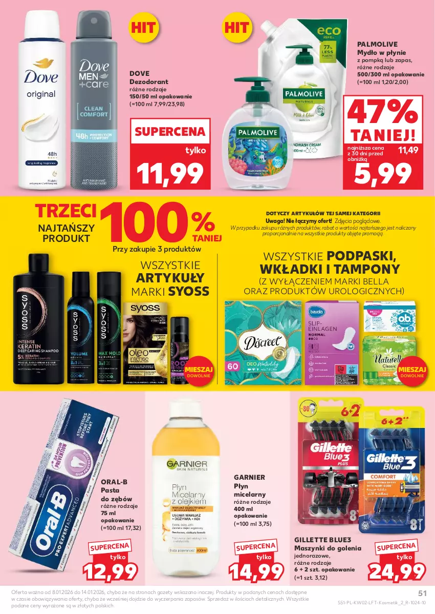 Gazetka promocyjna Kaufland - Gazetka tygodnia - ważna 08.01 do 14.01.2026 - strona 51 - produkty: Bell, Bella, Dezodorant, Dove, Garnier, Gillette, Mydło, Mydło w płynie, Palmolive, Pasta do zębów, Płyn micelarny, Podpaski, Por, Syoss, Tampony, Waga, Wkładki