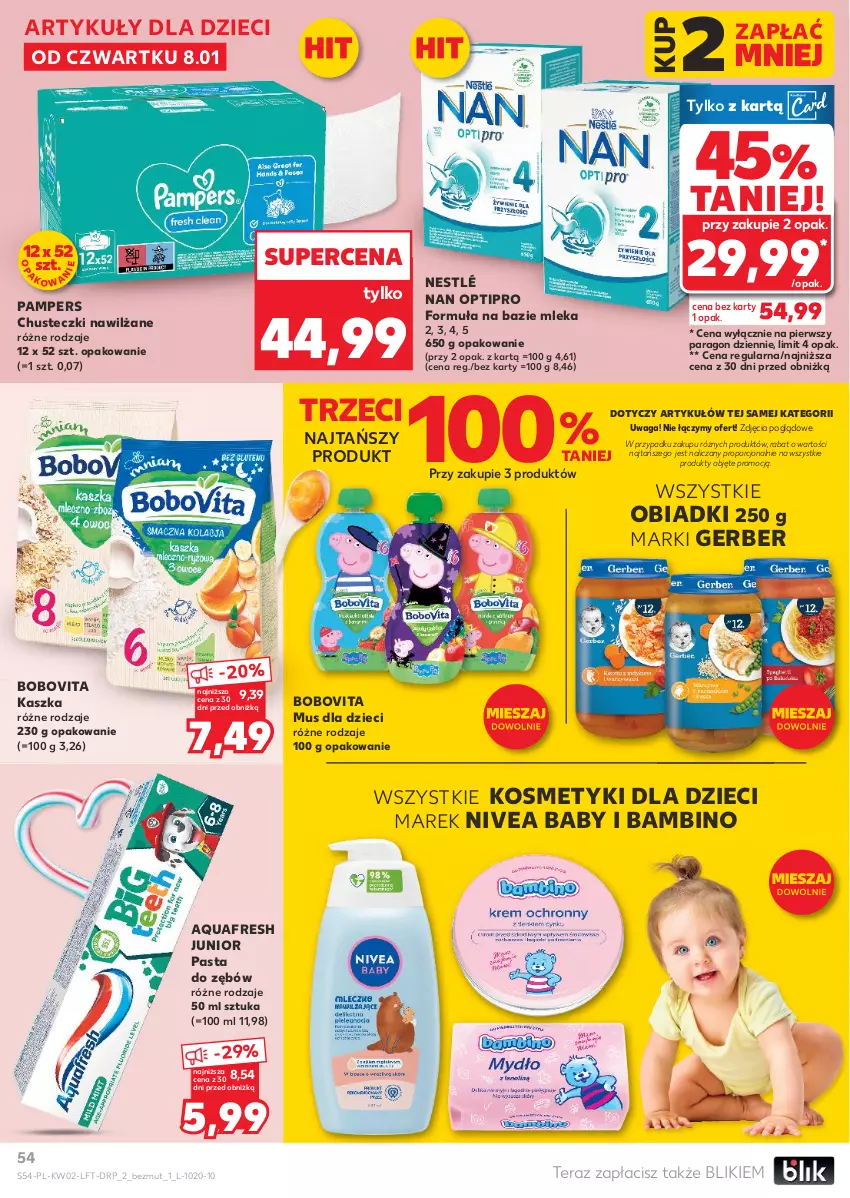 Gazetka promocyjna Kaufland - Gazetka tygodnia - ważna 08.01 do 14.01.2026 - strona 54 - produkty: Aquafresh, BoboVita, Chusteczki, Dzieci, Gerber, Kosmetyki dla dzieci, Mus, NAN Optipro, Nestlé, Nivea, Nivea Baby, Pampers, Pasta do zębów, Por, Tera, Waga