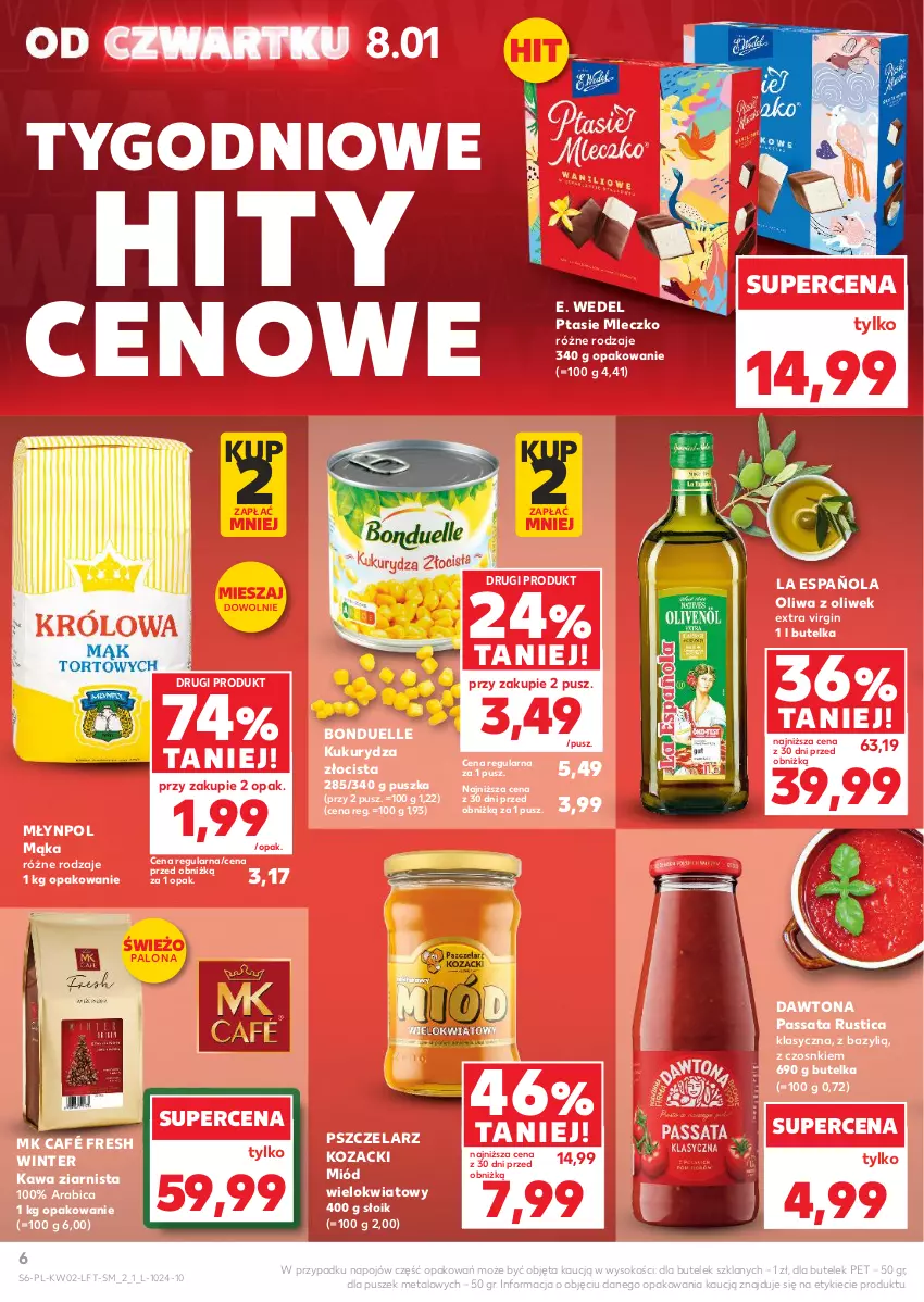 Gazetka promocyjna Kaufland - Gazetka tygodnia - ważna 08.01 do 14.01.2026 - strona 6 - produkty: Bazyl, BIC, Bonduelle, Dawtona, E. Wedel, Gin, Kawa, Kawa ziarnista, Kukurydza, Mąka, Miód, Mleczko, Młynpol, Oliwa, Oliwa z oliwek, Ptasie mleczko, Rust, Sok