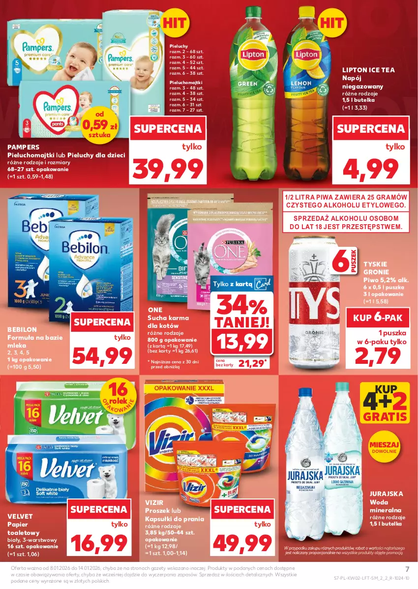 Gazetka promocyjna Kaufland - Gazetka tygodnia - ważna 08.01 do 14.01.2026 - strona 7 - produkty: BEBILON, Dzieci, Gra, Ice tea, Kapsułki do prania, Lipton, Majtki, Napój, Napój niegazowany, Pampers, Papier, Papier toaletowy, Pieluchomajtki, Pieluchy, Piwa, Piwo, Por, Sucha karma, Tyskie, Velvet, Vizir, Woda, Woda mineralna