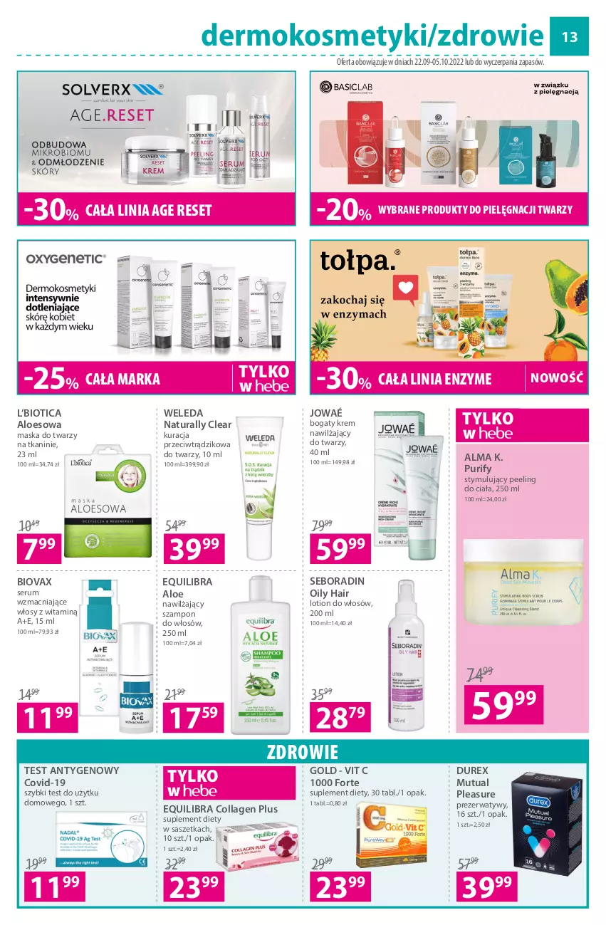 Gazetka promocyjna Hebe - Gazetka - ważna 22.09 do 05.10.2022 - strona 13 - produkty: Biovax, Durex, Krem nawilżający, Maska, Maska do twarzy, Peeling, Prezerwatyw, Pur, Rum, Seboradin, Ser, Serum, Suplement diety, Szampon, Weleda, Zdrowie