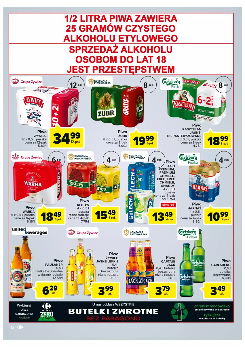 Gazetka promocyjna Carrefour - Gazetka Szalona 5 Carrefour Tarnów - ważna 16.08 do 28.08.2022 - strona 12 - produkty: Carlsberg, Gra, Harnaś, Kasztelan, Piwa, Piwo, Piwo jasne, Redd's, Warka