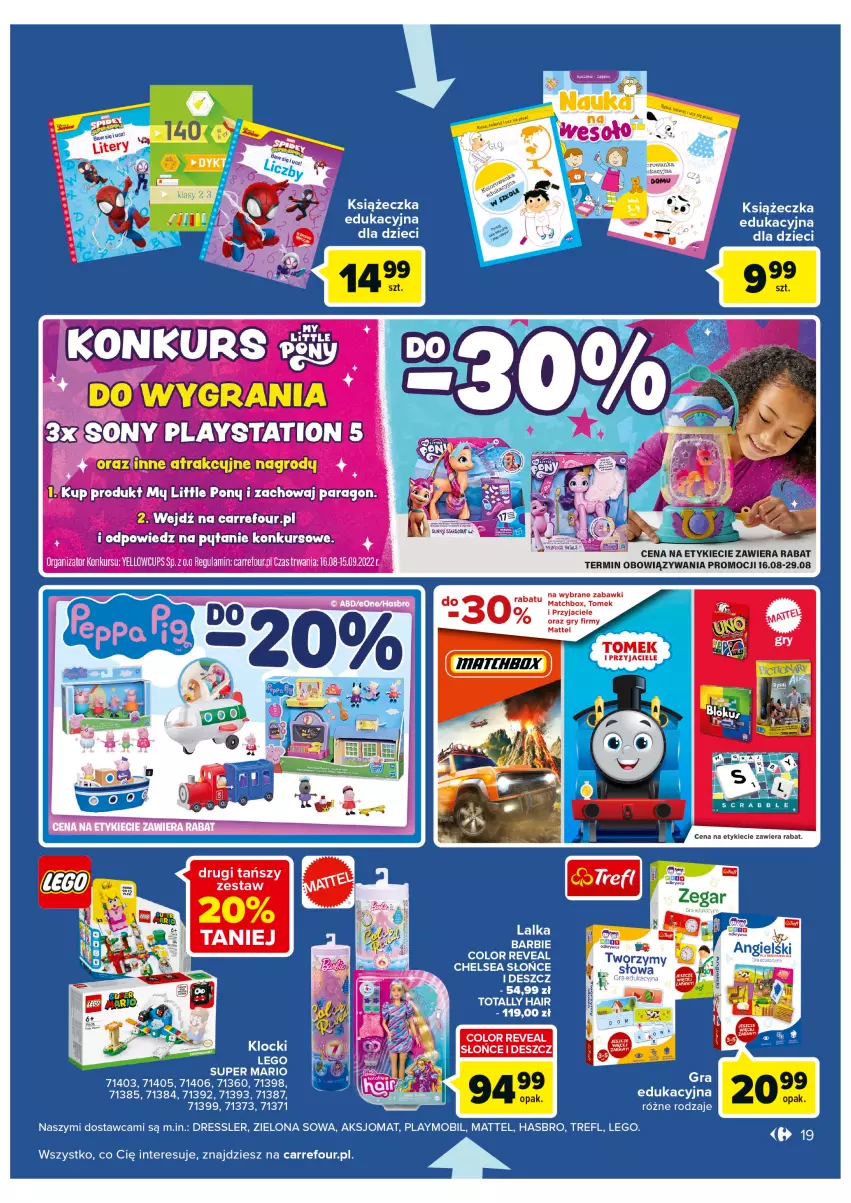 Gazetka promocyjna Carrefour - Gazetka Szalona 5 Carrefour Tarnów - ważna 16.08 do 28.08.2022 - strona 19 - produkty: Barbie, Dres, Dzieci, Gry, Hasbro, Klocki, Lalka, LEGO, Mattel, Mobil, My Little Pony, Playmobil, PlayStation, PlayStation 5