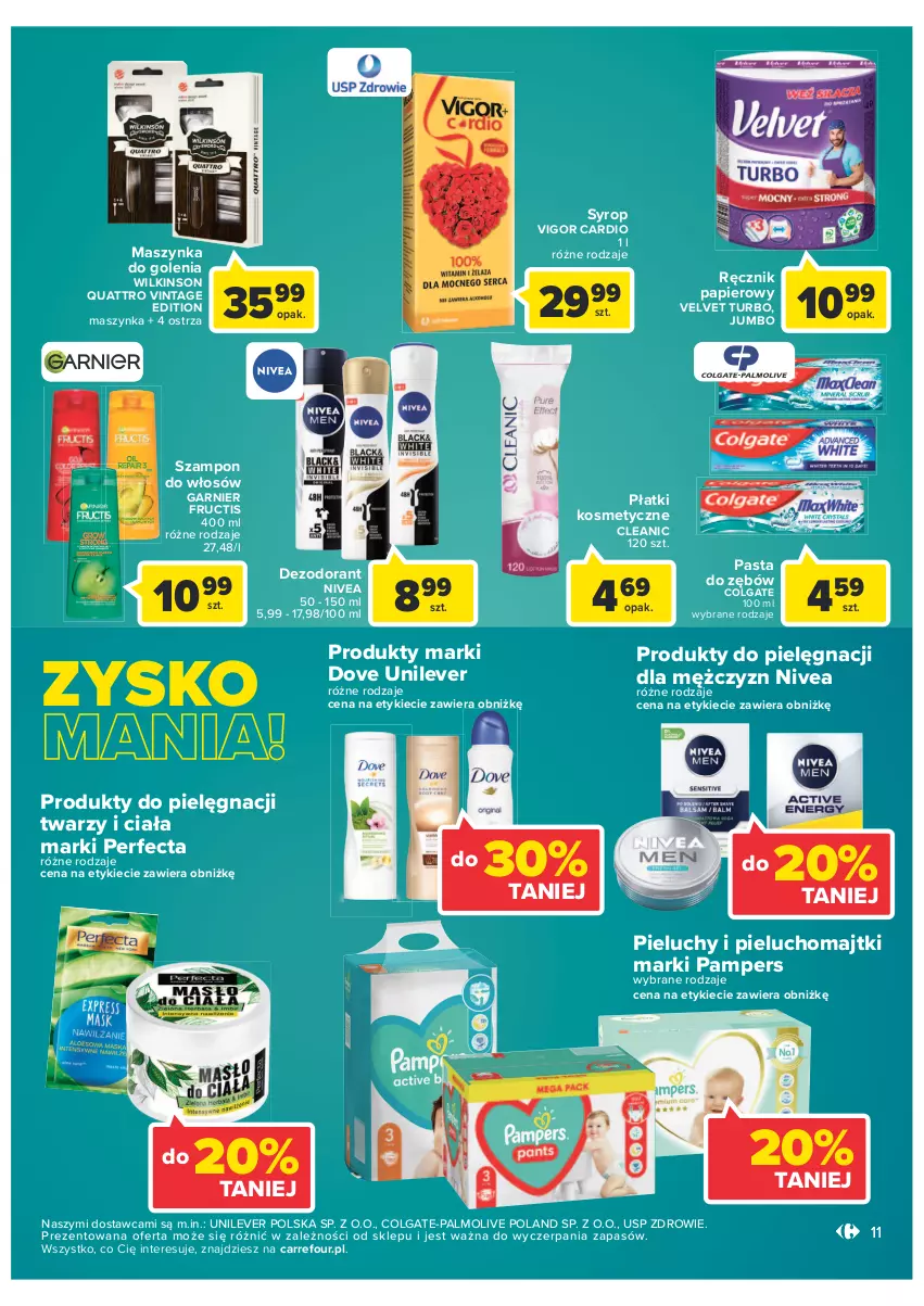 Gazetka promocyjna Carrefour - Gazetka Market - ważna 11.01 do 23.01.2022 - strona 11 - produkty: Cleanic, Colgate, Dezodorant, Dove, Fructis, Garnier, LG, Majtki, Maszynka, Maszynka do golenia, Nivea, Palmolive, Pampers, Papier, Pasta do zębów, Perfecta, Pieluchomajtki, Pieluchy, Płatki kosmetyczne, Ręcznik, Syrop, Szampon, Szynka, Velvet, Zdrowie