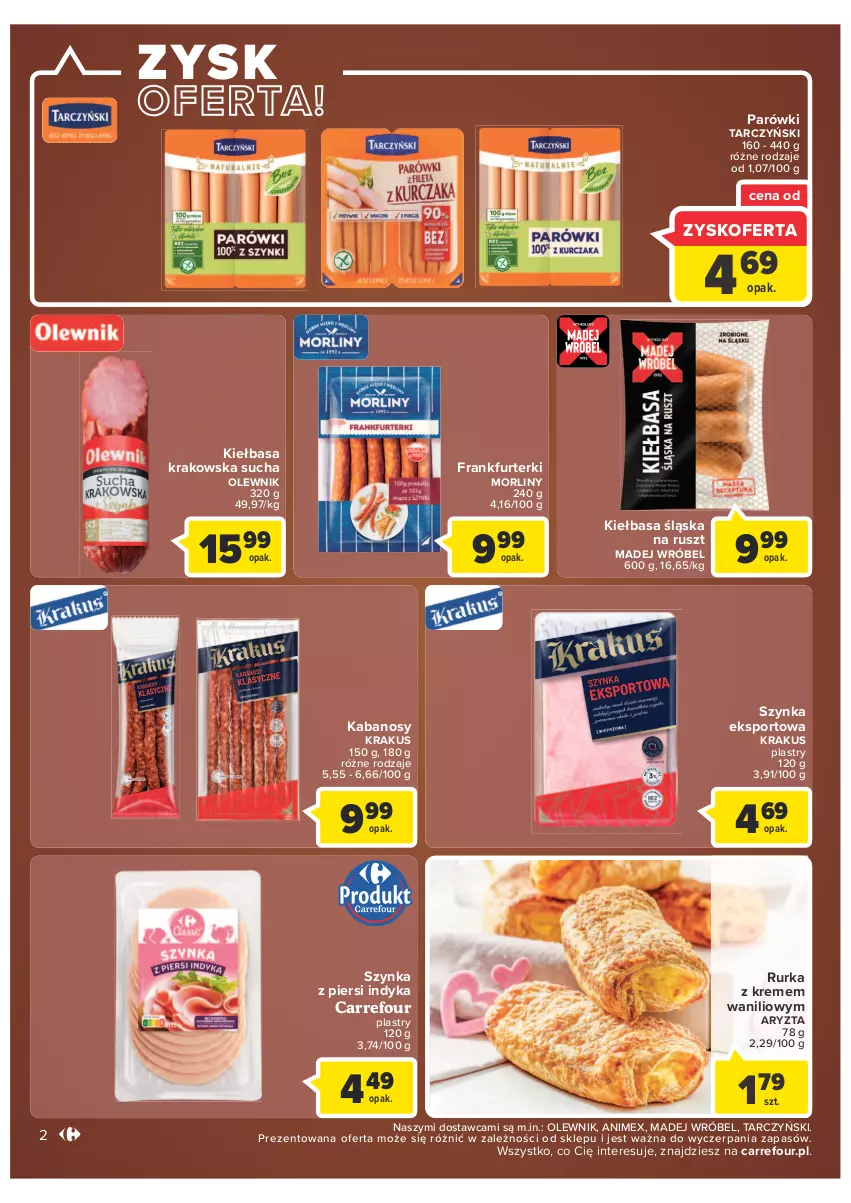 Gazetka promocyjna Carrefour - Gazetka Market - ważna 11.01 do 23.01.2022 - strona 2 - produkty: Frankfurterki, Kabanos, Kiełbasa, Kiełbasa krakowska, Kiełbasa śląska, Krakus, Madej Wróbel, Morliny, Olewnik, Parówki, Por, Sport, Szynka, Tarczyński