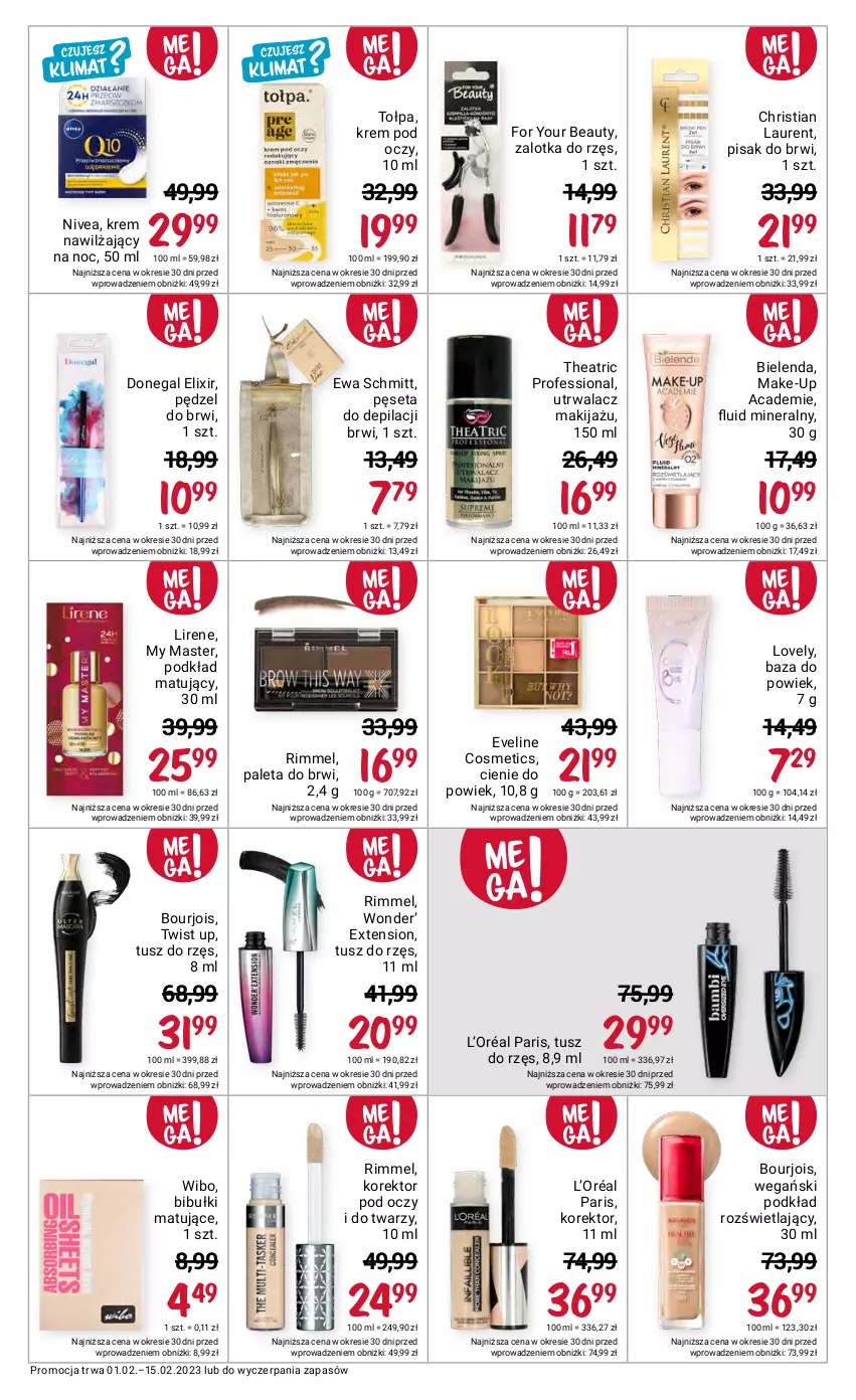 Gazetka promocyjna Rossmann - 1 luty - ważna 01.02 do 15.02.2023 - strona 9 - produkty: Bibułki, Bielenda, Bourjois, Eveline, Ewa Schmitt, For Your Beauty, Krem nawilżający, Krem pod oczy, L’Oréal, Laur, Lirene, Lovely, Makijaż, Nivea, Paleta, Pęseta, Podkład, Podkład matujący, Tołpa, Tusz, Wibo