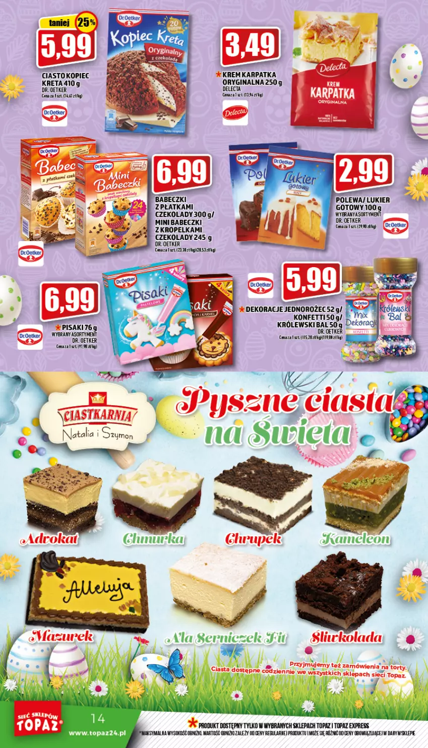 Gazetka promocyjna Topaz - Gazetka - ważna 07.04 do 13.04.2022 - strona 14 - produkty: Babeczki, Delecta, Dr. Oetker, Gin, Jednorożec, Karp, Królewski, Piec, Sok, Top