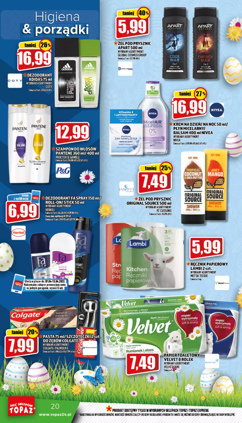 Gazetka promocyjna Topaz - Gazetka - ważna 07.04 do 13.04.2022 - strona 20 - produkty: Adidas, Colgate, Dezodorant, Fa, Gin, LG, Nivea, Palmolive, Pantene, Papier, Ręcznik, Sok, Top, Velvet