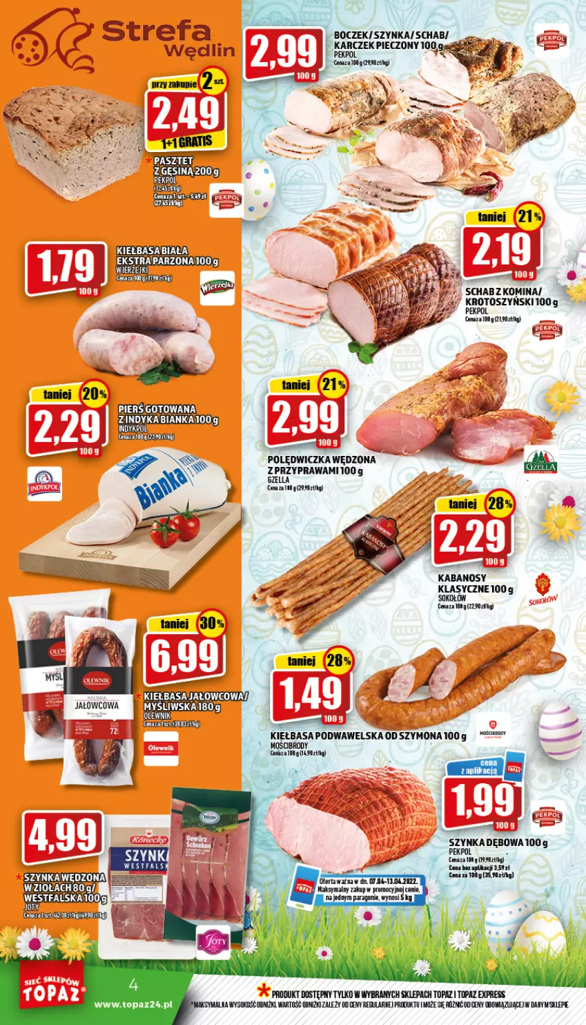 Gazetka promocyjna Topaz - Gazetka - ważna 07.04 do 13.04.2022 - strona 4 - produkty: Bianka, Boczek, Kabanos, Kiełbasa, Kiełbasa podwawelska, Pekpol, Piec, Sok, Sokołów, Szynka, Top, Wawel