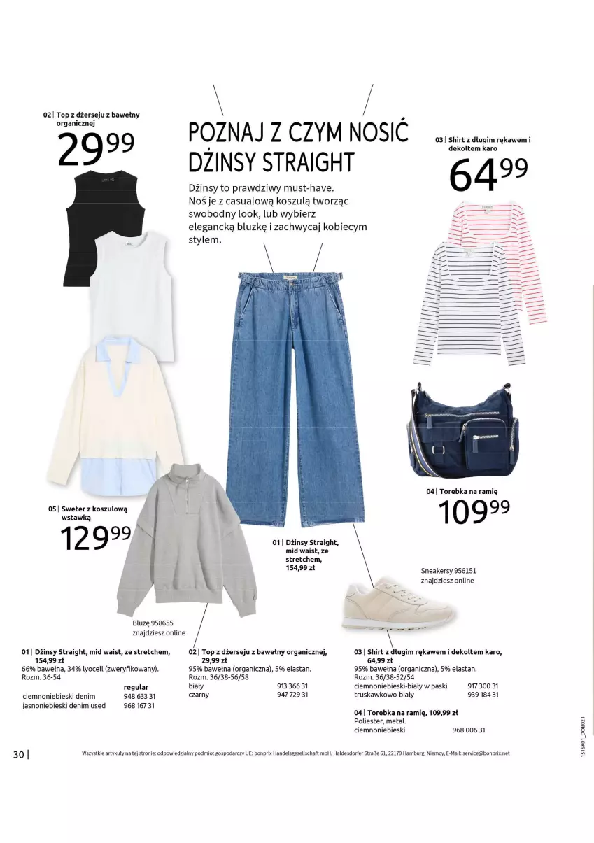 Gazetka promocyjna Bonprix - DŻINSOWE TRENDY - ważna 24.01 do 20.03.2025 - strona 32 - produkty: Dżinsy, Kosz, Mus, Ser, Sneakersy, Sweter, Top, Torebka, Wełna