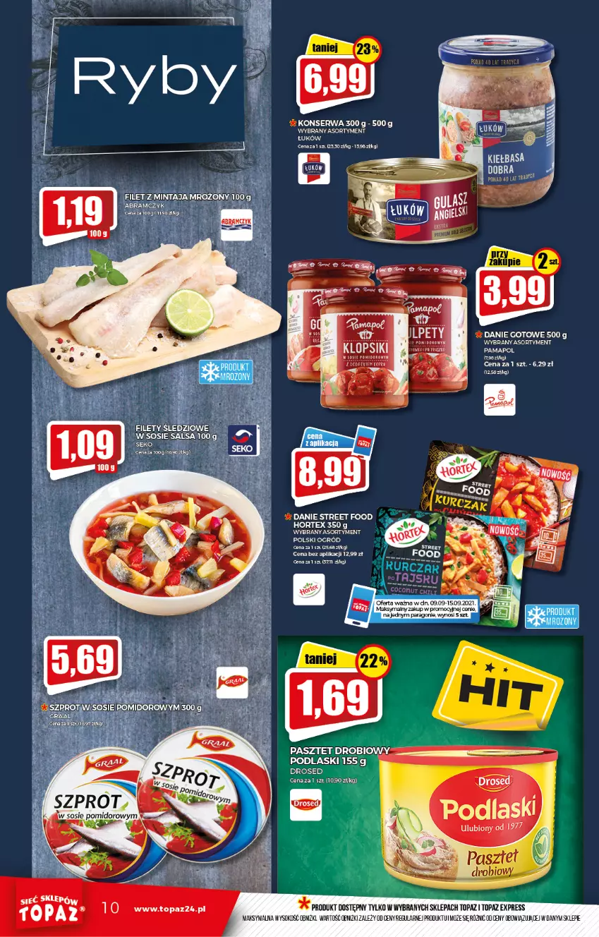 Gazetka promocyjna Topaz - Gazetka - ważna 09.09 do 15.09.2021 - strona 10 - produkty: Danie gotowe, Filet z mintaja, Hortex, Klopsiki, Mintaj, Ogród, Salsa, Ser, Sok, Sos, Top