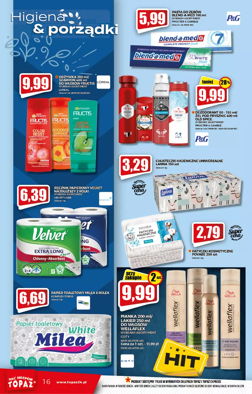 Gazetka promocyjna Topaz - Gazetka - ważna 09.09 do 15.09.2021 - strona 16 - produkty: Chusteczki, Dezodorant, Fructis, Garnier, Lakier, Old Spice, Papier, Papier toaletowy, Patyczki kosmetyczne, Ręcznik, Rolki, Sok, Top, Velvet, Wella, Wellaflex