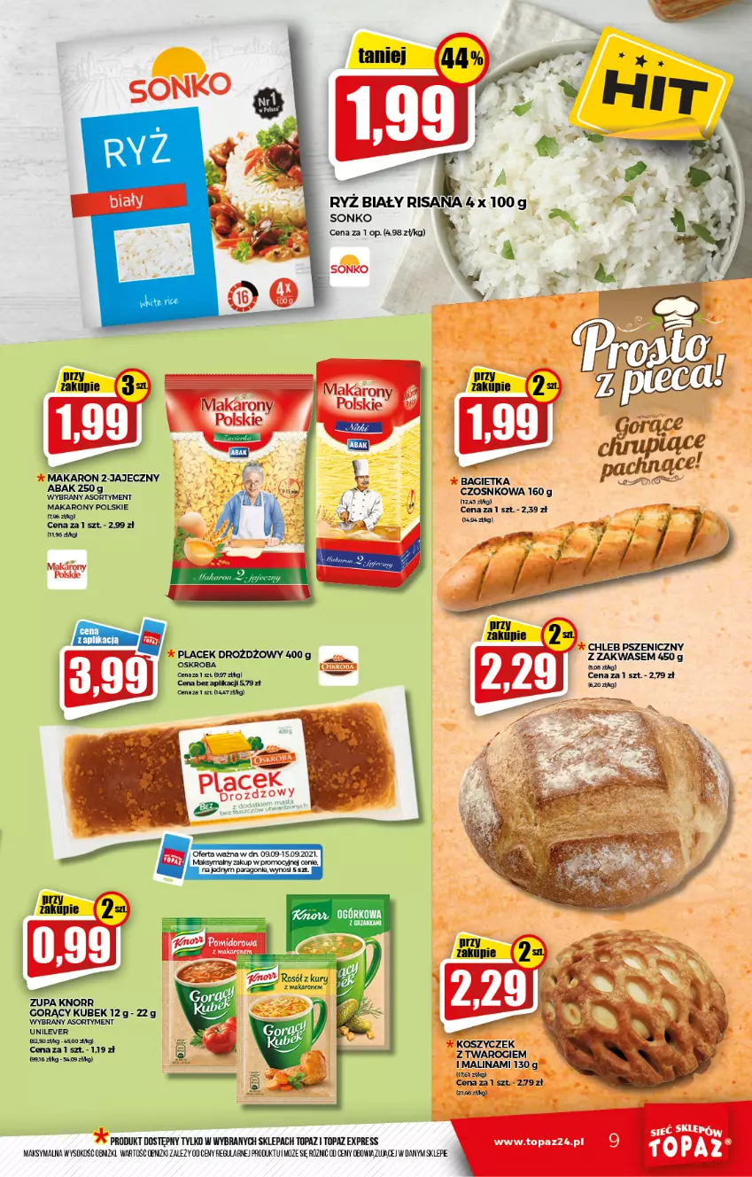 Gazetka promocyjna Topaz - Gazetka - ważna 09.09 do 15.09.2021 - strona 9 - produkty: Bagietka, Bagietka czosnkowa, Chleb, Knorr, Kubek, Makaron, Rosół, Sok, Sonko, Top, Zupa