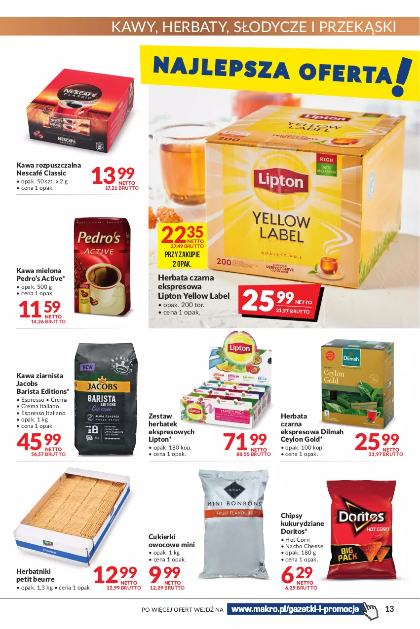 Gazetka promocyjna Makro - [Oferta promocyjna] Artykuły spożywcze i przemysłowe - ważna 12.07 do 25.07.2022 - strona 13 - produkty: Chipsy, Cukier, Cukierki, Dilmah, Herbata, Herbata czarna, Herbatniki, Herbatniki Petit Beurre, Jacobs, Kawa, Kawa mielona, Kawa rozpuszczalna, Kawa ziarnista, Lipton, Nescafé