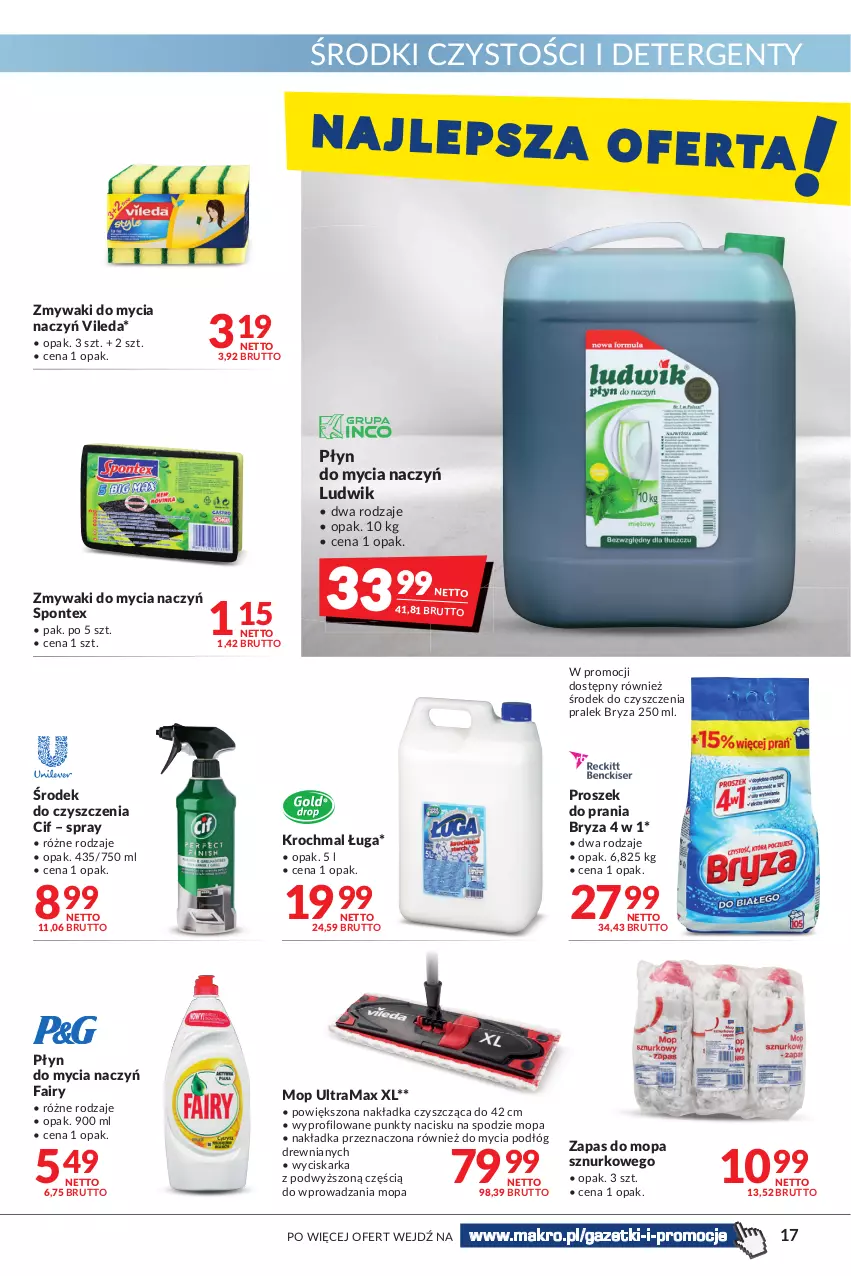 Gazetka promocyjna Makro - [Oferta promocyjna] Artykuły spożywcze i przemysłowe - ważna 12.07 do 25.07.2022 - strona 17 - produkty: Bryza, Cif, Do mycia naczyń, Fa, Fairy, Ludwik, Mop, Płyn do mycia, Płyn do mycia naczyń, Proszek do prania, Rama, Vileda, Wyciskarka