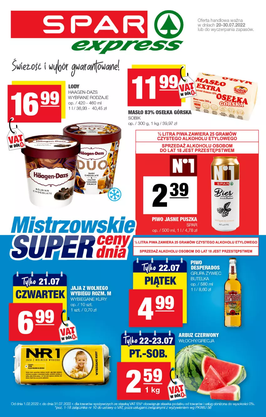 Gazetka promocyjna Spar - SparExpress - ważna 17.07 do 27.07.2022 - strona 1 - produkty: Jaja, Lody, Masło, Piwo, Sok