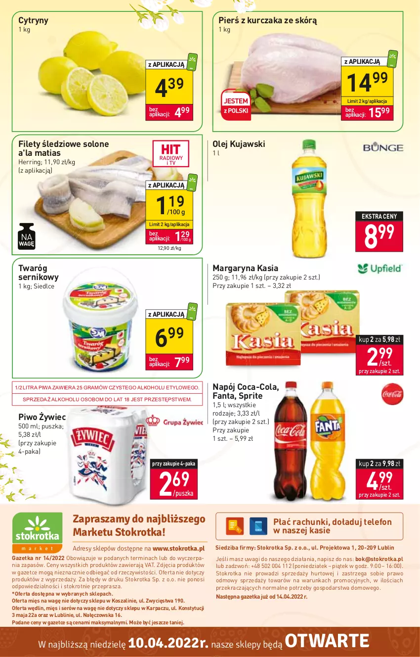 Gazetka promocyjna Stokrotka - Market - ważna 07.04 do 13.04.2022 - strona 16 - produkty: Coca-Cola, Cytryny, Fa, Fanta, Gra, Karp, Kasia, Kosz, Kujawski, Kurczak, Margaryna, Napój, O nas, Olej, Piwa, Piwo, Ser, Sprite, Szal, Telefon, Twaróg, Wagi