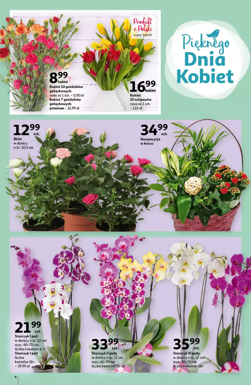 Gazetka promocyjna Auchan - Pięknego Dnia Kobiet Hipermarkety - ważna 04.03 do 10.03.2021 - strona 4 - produkty: Bukiet, Fa, Kosz, Róża, Storczyk, Tulipan