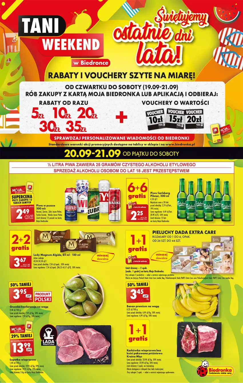 Gazetka promocyjna Biedronka - Kupony na weekend - ważna 20.09 do 21.09.2024 - strona 1 - produkty: Algida, Dada, Fa, Gra, Harnaś, Karkówka wieprzowa, LG, Lody, Orka, Pieluchy, Piwa, Tran, Tyskie