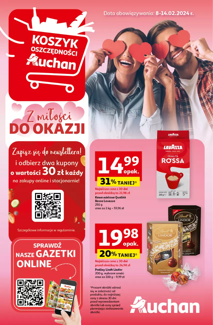 Gazetka promocyjna Auchan - Gazetka Z miłości do okazji Hipermarket Auchan - ważna 08.02 do 14.02.2024 - strona 1 - produkty: Kawa, Kawa mielona, Lavazza, Lindor, Lindt, Praliny