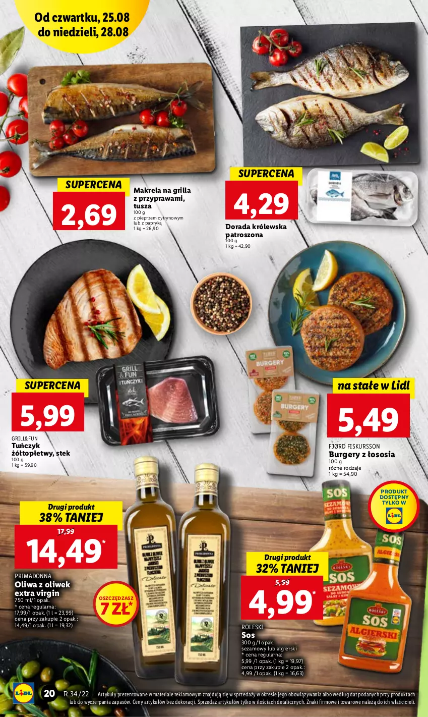 Gazetka promocyjna Lidl - GAZETKA - ważna 25.08 do 28.08.2022 - strona 20 - produkty: Burger, Gin, Grill, LG, Oliwa, Oliwa z oliwek, Pieprz, Prima, Sezam, Sos, Stek, Top, Tuńczyk, Tusz