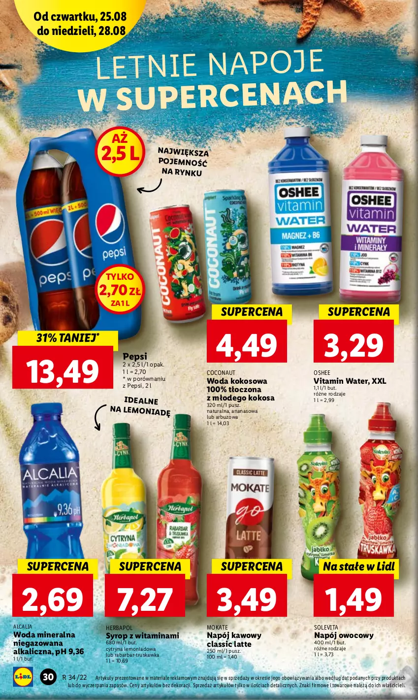 Gazetka promocyjna Lidl - GAZETKA - ważna 25.08 do 28.08.2022 - strona 30 - produkty: Ananas, Arbuz, Herbapol, Kokos, Napój, Napoje, Oshee, Pepsi, Por, Syrop, Woda, Woda mineralna