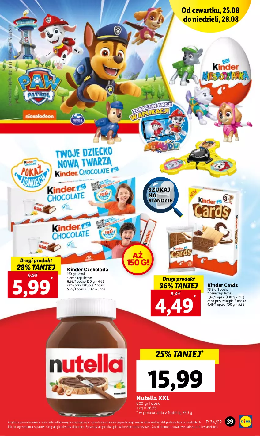 Gazetka promocyjna Lidl - GAZETKA - ważna 25.08 do 28.08.2022 - strona 39 - produkty: Czekolada, Kinder, Nutella, Por