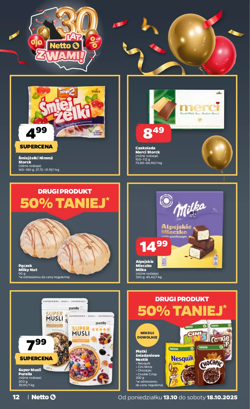 Gazetka promocyjna Netto - Od Poniedziałku - ważna 13.10 do 18.10.2025 - strona 12 - produkty: Cini Minis, Czekolada, Danio, Merci, Milka, Mleczko, Mus, Nesquik, Nestlé, Nimm2, Pączek, Pur