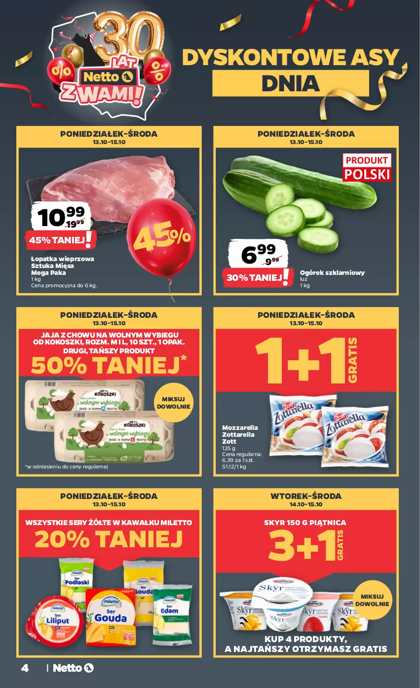 Gazetka promocyjna Netto - Od Poniedziałku - ważna 13.10 do 18.10.2025 - strona 4 - produkty: Gra, Jaja, Kawa, Kokos, Kosz, Mozzarella, Ogórek, Piątnica, Ser, Zott, Zottarella