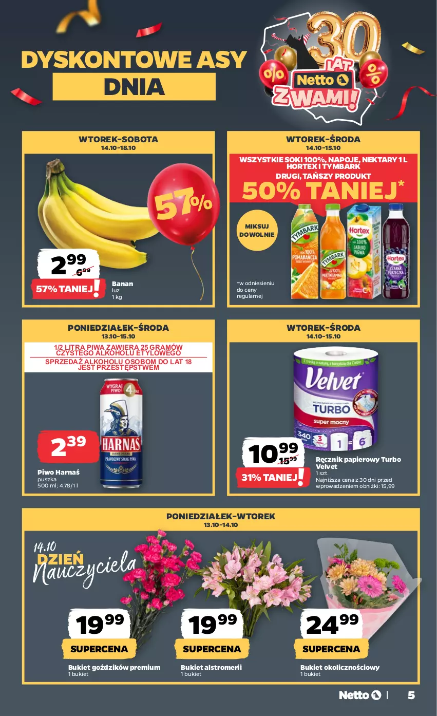 Gazetka promocyjna Netto - Od Poniedziałku - ważna 13.10 do 18.10.2025 - strona 5 - produkty: Bukiet, Gra, Harnaś, Hortex, Napoje, Nektar, Papier, Piwa, Piwo, Ręcznik, Sok, Tymbark, Velvet