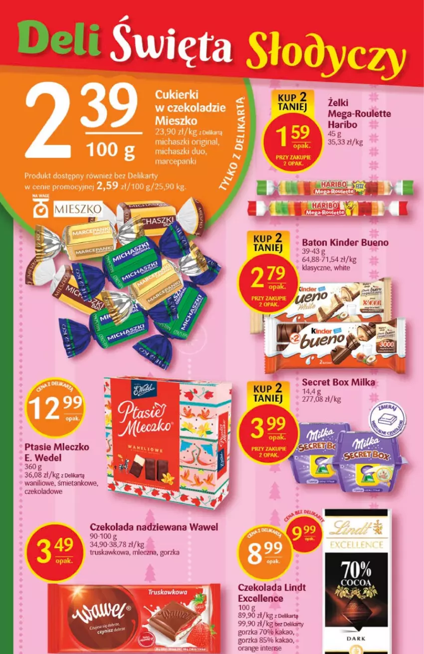 Gazetka promocyjna Delikatesy Centrum - Gazetka DC48 - ważna 08.12 do 14.12.2022 - strona 22 - produkty: Czekolada, Czekolada nadziewana, E. Wedel, Haribo, Kakao, Kinder, Kinder Bueno, Lindt, Milka, Mleczko, Ptasie mleczko, Wawel