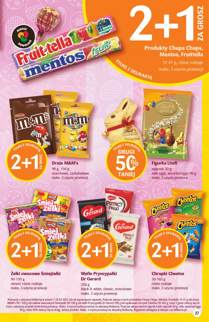 Gazetka promocyjna Delikatesy Centrum - Gazetka DC14 - ważna 07.04 do 18.04.2022 - strona 27 - produkty: Cheetos, Chrupki, Chupa Chups, Dr Gerard, Kret, Lack, Lindt, Mentos, Nimm2, Wafle