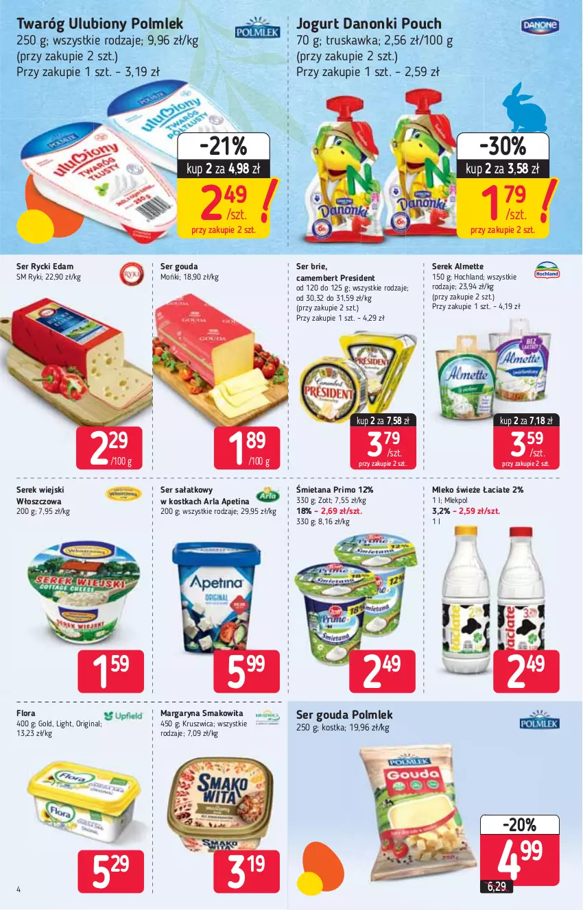 Gazetka promocyjna Stokrotka - Supermarket - ważna 25.03 do 31.03.2021 - strona 4 - produkty: Almette, Brie, Camembert, Danonki, Edam, Flora, Gin, Gouda, Hochland, Jogurt, Margaryna, Mleko, POLMLEK, Rycki Edam, Sałat, Ser, Serek, Serek wiejski, Smakowita, Twaróg, Zott