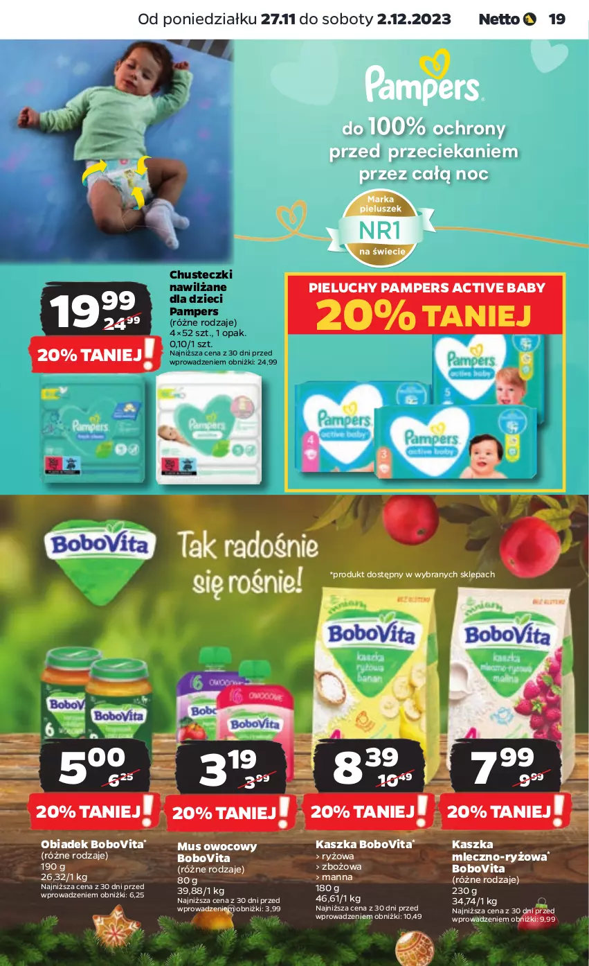 Gazetka promocyjna Netto - Artykuły spożywcze - ważna 27.11 do 02.12.2023 - strona 19 - produkty: BoboVita, Chusteczki, Dzieci, Mus, Pampers, Pieluchy, Ryż