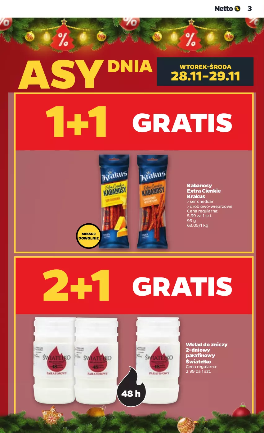 Gazetka promocyjna Netto - Artykuły spożywcze - ważna 27.11 do 02.12.2023 - strona 3 - produkty: Cheddar, Gra, Kabanos, Krakus, Ser, Znicz