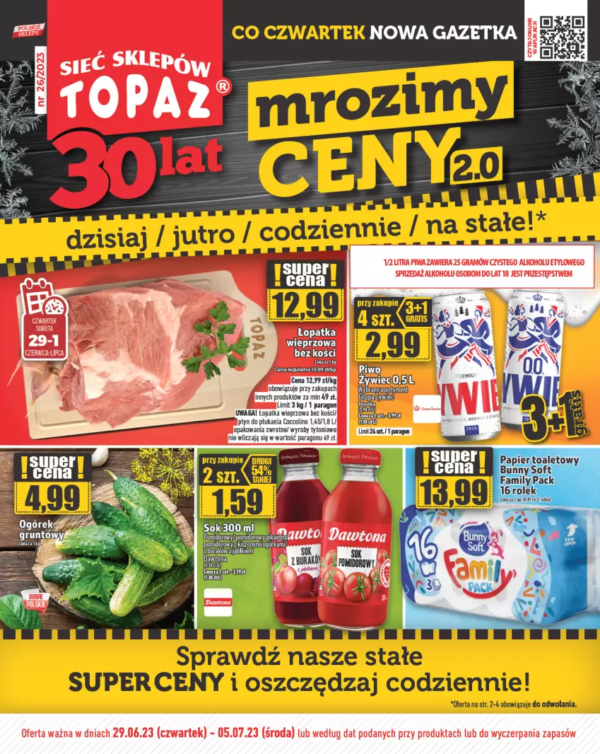 Gazetka promocyjna Topaz - Gazetka - ważna 29.06 do 05.07.2023 - strona 1 - produkty: Dawtona, Fa, Gra, Ogórek, Papier, Papier toaletowy, Piwa, Piwo, Sok