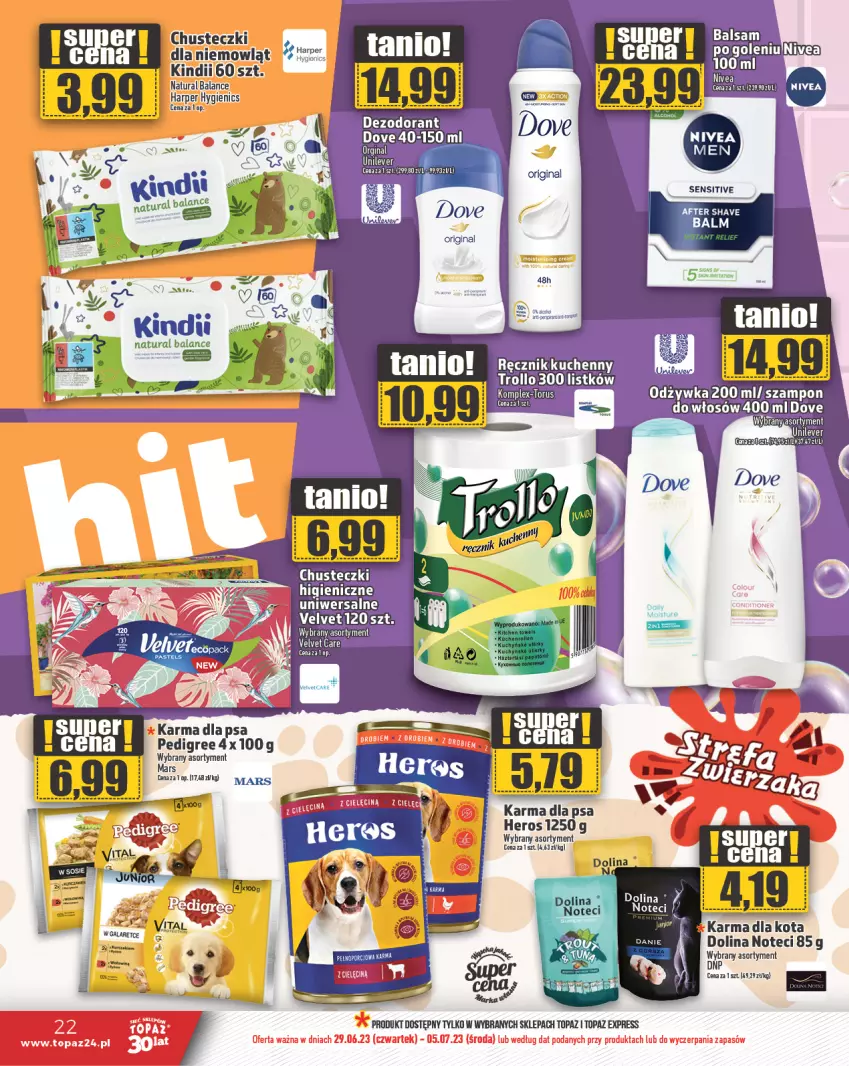 Gazetka promocyjna Topaz - Gazetka - ważna 29.06 do 05.07.2023 - strona 22 - produkty: Chusteczki, Dezodorant, Dove, Kindii, Koc, Mars, Mola, Nivea, Odżywka, Pedigree, Ręcznik, Szampon, Top, Velvet