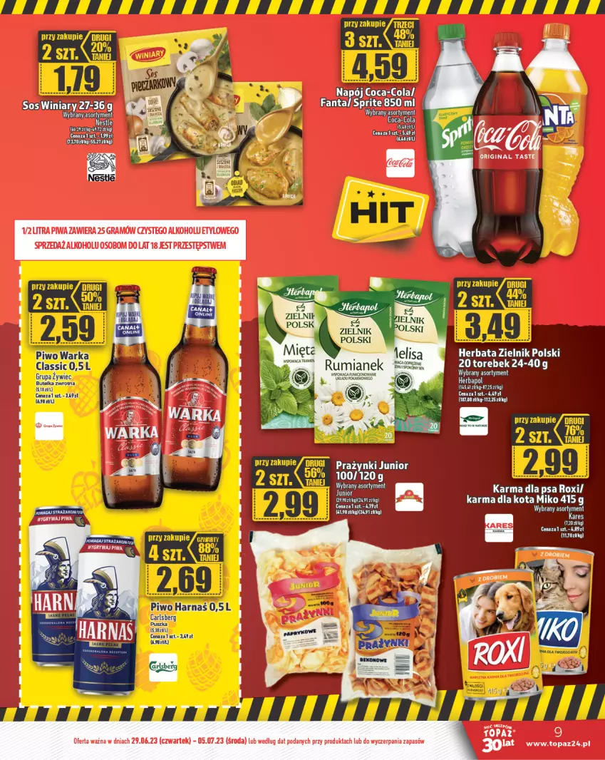 Gazetka promocyjna Topaz - Gazetka - ważna 29.06 do 05.07.2023 - strona 9 - produkty: Coca-Cola, Fa, Fanta, Gin, Gra, Harnaś, Herbapol, Herbata, Napój, Piwa, Piwo, Sos, Sprite, Top, Warka, Winiary