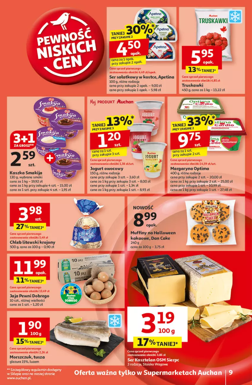 Gazetka promocyjna Auchan - Pewność Niskich Cen Supermarket - ważna 31.10 do 06.11.2024 - strona 11 - produkty: Chleb, Dan Cake, Glazura, Jaja, Jogurt, Jogurt owocowy, Kakao, Lazur, Margaryna, Muffiny, Optima, Sałat, Ser, Smakija, Truskawki, Tusz