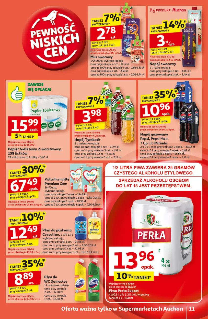 Gazetka promocyjna Auchan - Pewność Niskich Cen Supermarket - ważna 31.10 do 06.11.2024 - strona 13 - produkty: Coccolino, Domestos, Fa, Majtki, Mirinda, Mus, Napój, Napój gazowany, Pampers, Papier, Papier toaletowy, Pepsi, Pepsi max, Pieluchomajtki, Płyn do płukania, Płyn do wc, Rolki, Tymbark