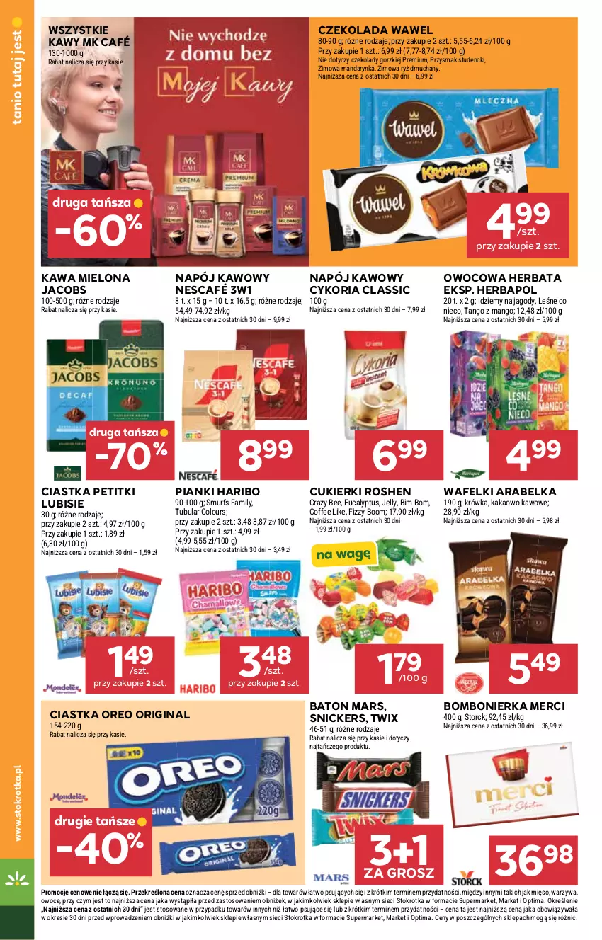 Gazetka promocyjna Stokrotka - Supermarket - ważna 24.09 do 30.09.2026 - strona 28 - produkty: Baton, Ciastka, Cukier, Cukierki, Czekolada, Fa, Gin, Haribo, Herbapol, Herbata, Jacobs, Jagody, Kakao, Kawa, Kawa mielona, Lubisie, Mango, Mars, Merci, Mięso, Napój, Nescafé, Optima, Oreo, Owoce, Ryż, Snickers, Twix, Warzywa, Wawel
