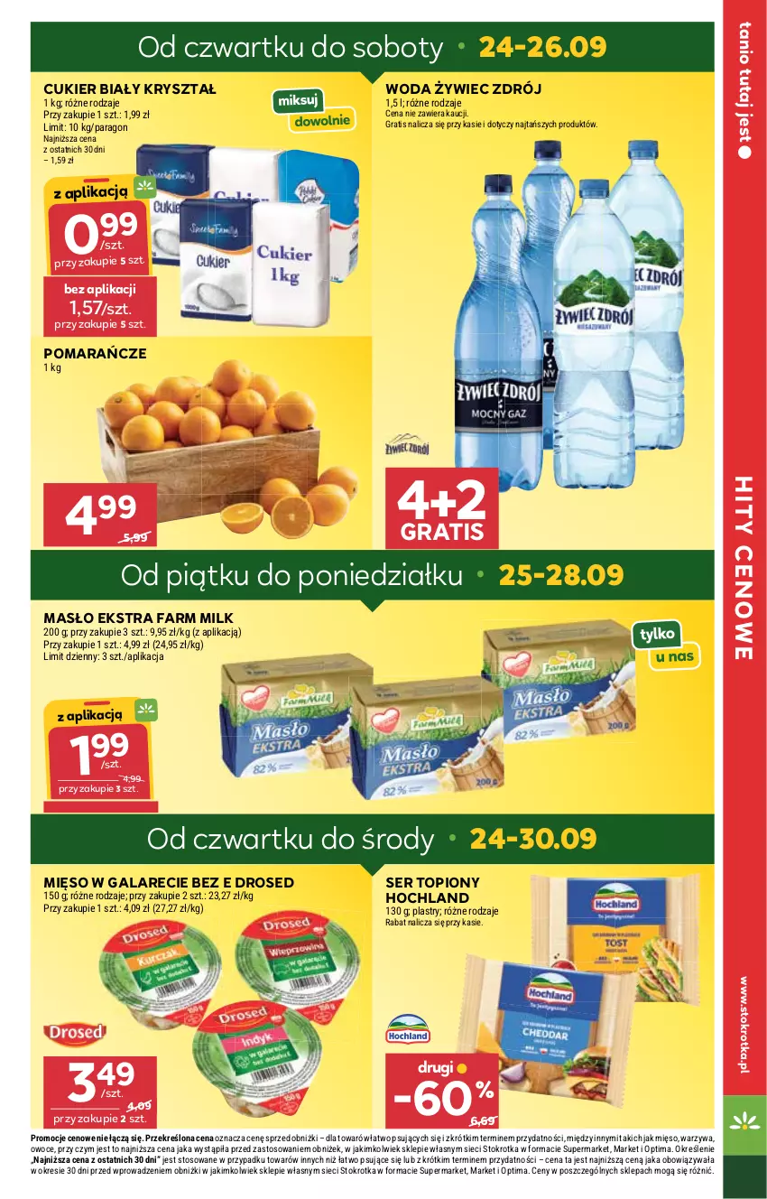 Gazetka promocyjna Stokrotka - Supermarket - ważna 24.09 do 30.09.2026 - strona 3 - produkty: Cukier, Fa, Farm Milk, Gala, Gra, Hochland, Masło, Mięso, Mięso w galarecie, Optima, Owoce, Pomarańcze, Ser, Ser topiony, Top, Warzywa, Woda