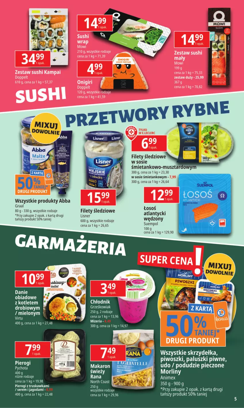 Gazetka promocyjna E Leclerc - ważna 17.06 do 24.06.2024 - strona 5 - produkty: Gra, Graal, Kotlet, Lisner, Morliny, Mus, Piec, Pierogi, Piwo, Ser, Sos, Suempol, Sushi, Virtu