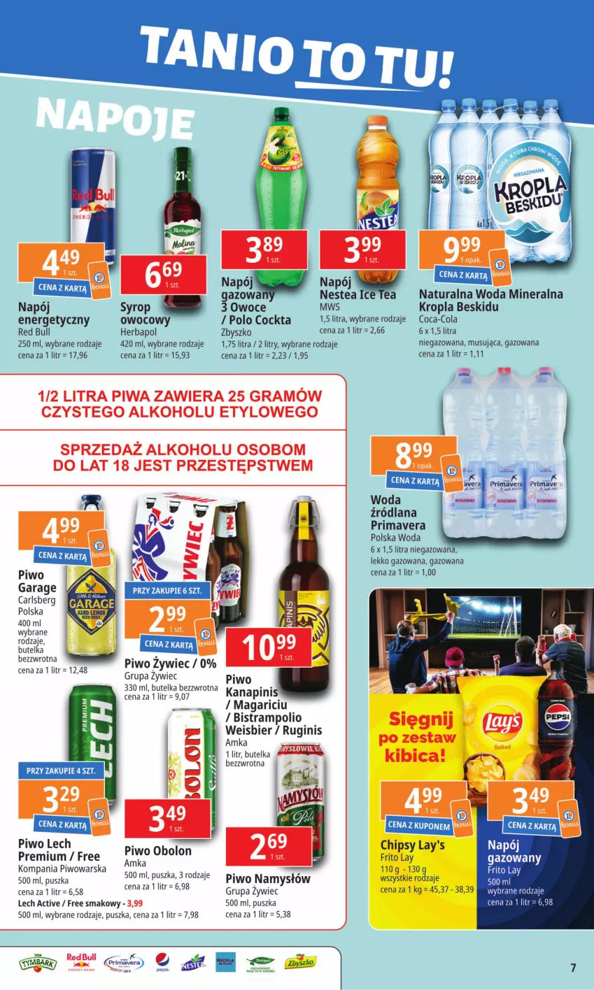 Gazetka promocyjna E Leclerc - ważna 17.06 do 24.06.2024 - strona 7 - produkty: Carlsberg, Chipsy, Coca-Cola, Herbapol, LANA, Lech Premium, Mus, Namysłów, Napój, Owoce, Pepsi, Piwo, Prima, Primavera, Red Bull, Syrop, Woda, Woda mineralna