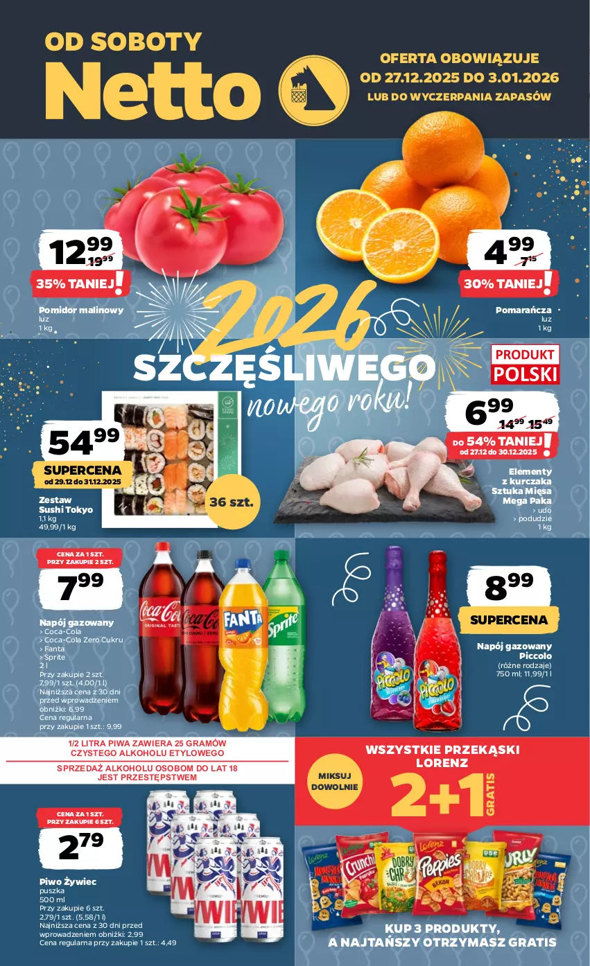 Gazetka promocyjna Netto - Od Soboty - ważna 27.12.2025 do 03.01.2026 - strona 1 - produkty: Coca-Cola, Fa, Fanta, Gra, Kurczak, Lorenz, Napój, Napój gazowany, Piwa, Piwo, Pomidor malinowy, Sprite, Sushi