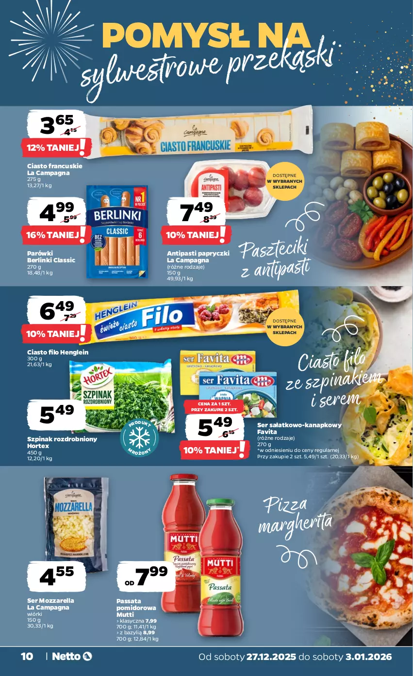 Gazetka promocyjna Netto - Od Soboty - ważna 27.12.2025 do 03.01.2026 - strona 10 - produkty: Bazyl, Berlinki, Ciasto francuskie, Fa, Favita, Hortex, Mozzarella, Parówki, Pizza, Pizza margherita, Sałat, Ser, Ser sałatkowo-kanapkowy, Szpinak