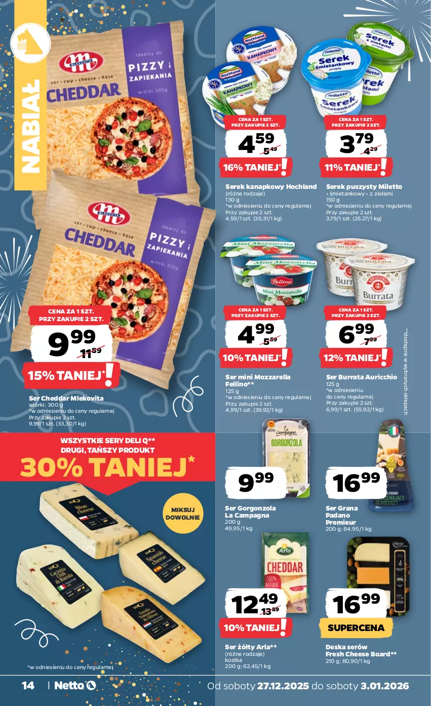 Gazetka promocyjna Netto - Od Soboty - ważna 27.12.2025 do 03.01.2026 - strona 14 - produkty: Burrata, Cheddar, Deska serów, Gorgonzola, Gra, Hochland, Mleko, Mlekovita, Mozzarella, Ser, Serek, Serek kanapkowy, Serek puszysty
